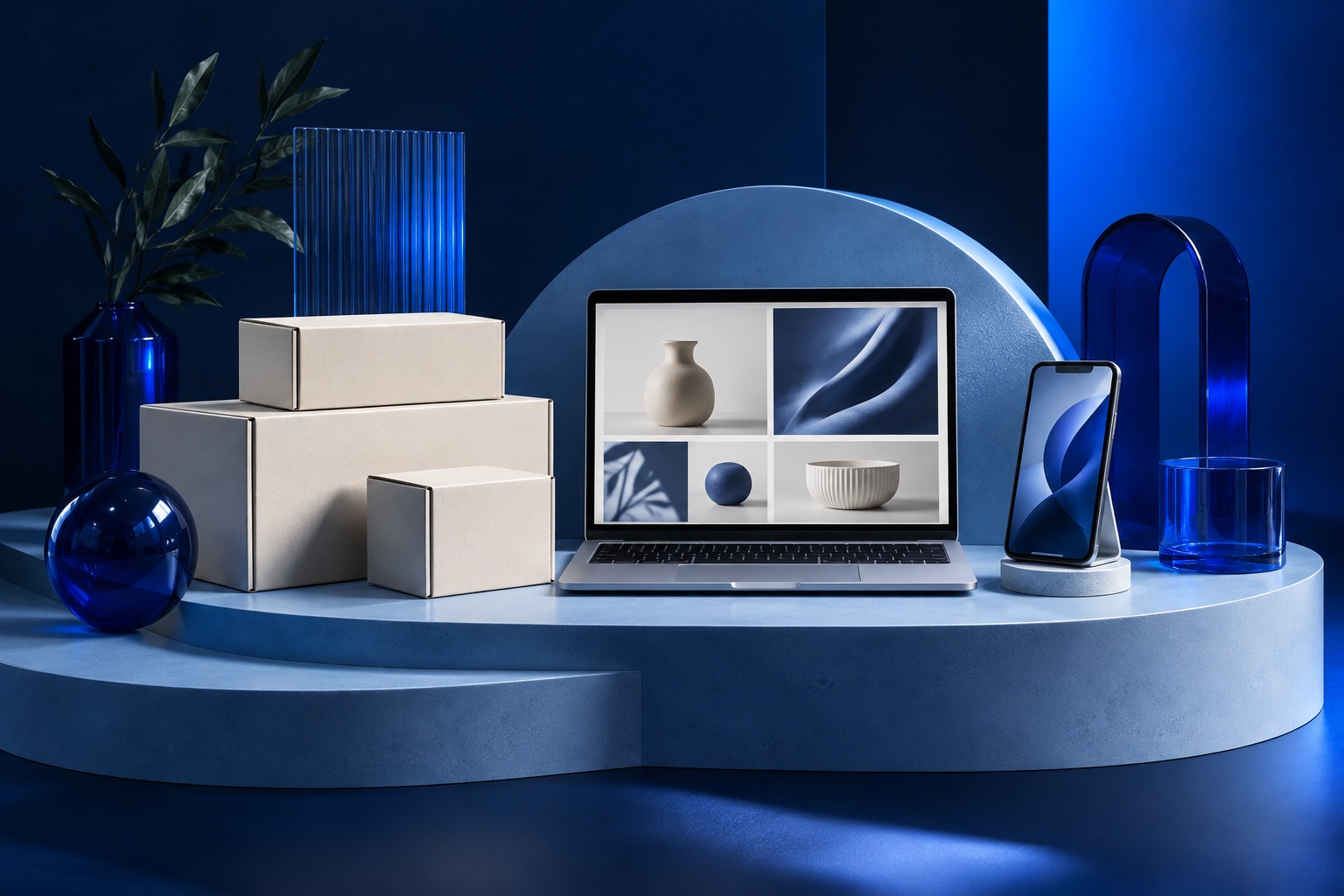 A sculptural ecommerce workspace with a laptop, phone and unbranded shipping packages
